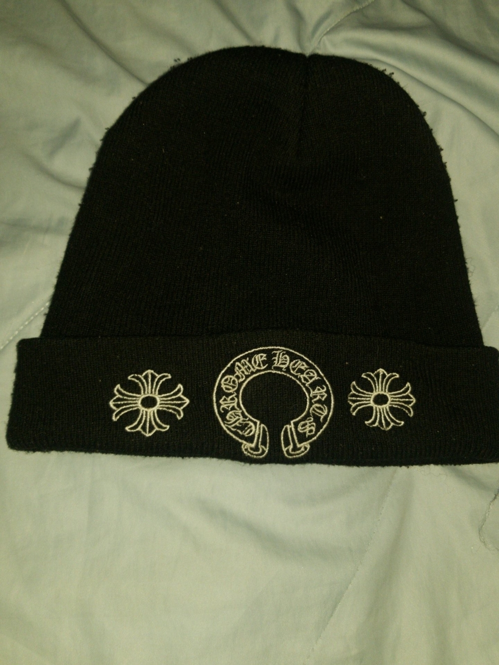 Chrome Hearts Black Beanie with White Embroidered Crosses